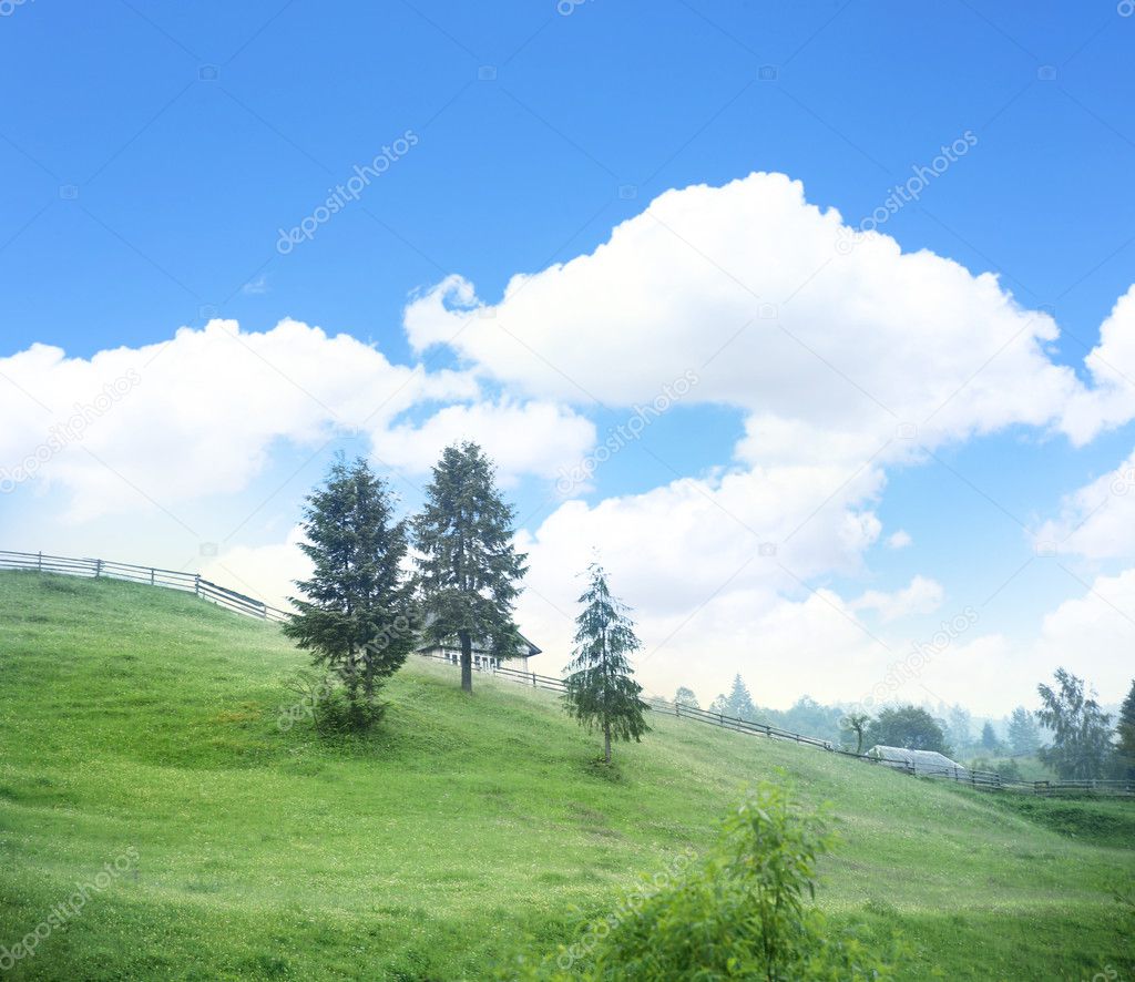 Carpathian mountains in summer on blue sky background