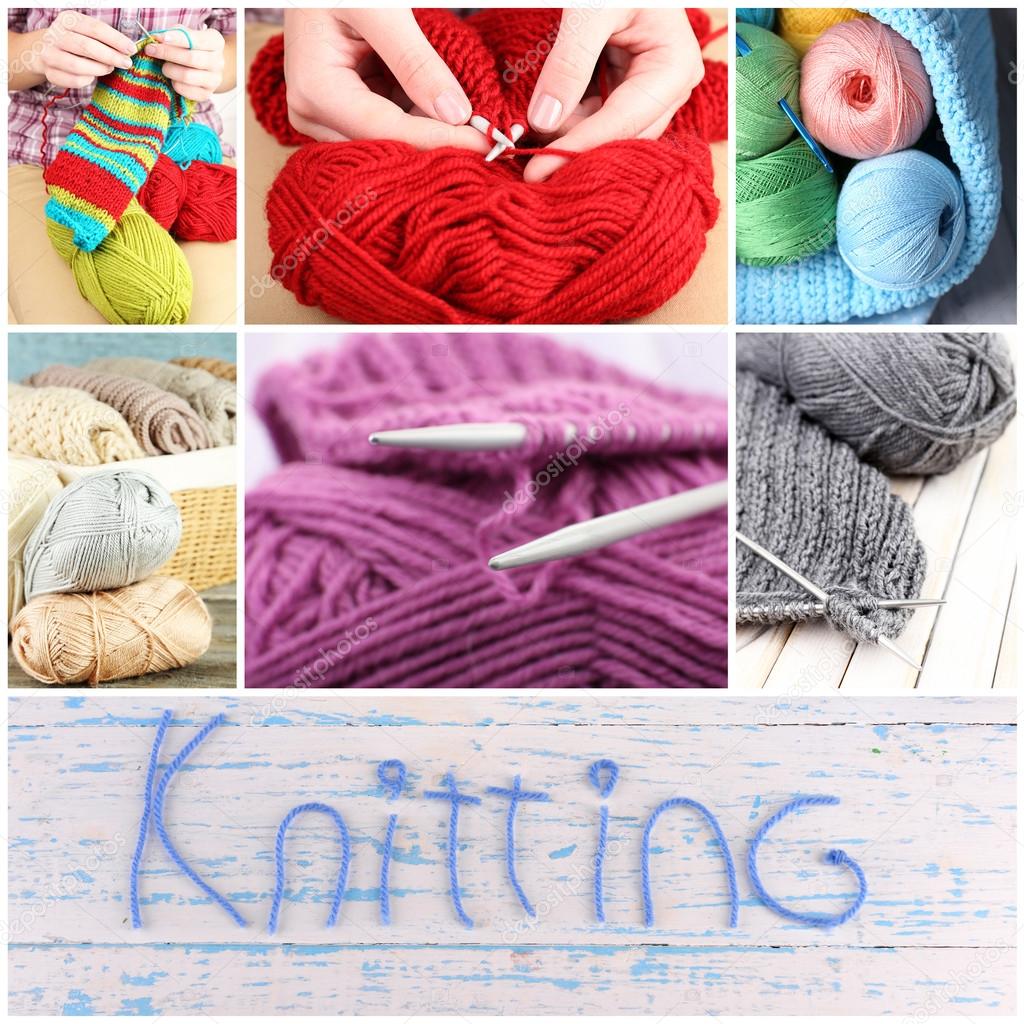 Knitting collage. Female hands knitting. Hobby and handicraft concept.
