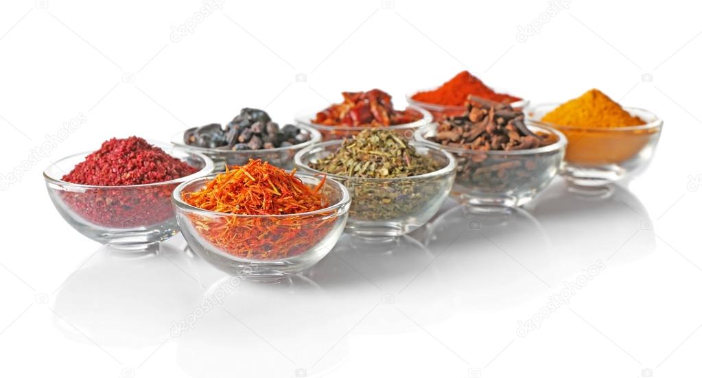 spices in glass bowls 