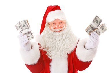 Noel Baba para beyaz arka plan üzerinde tutan