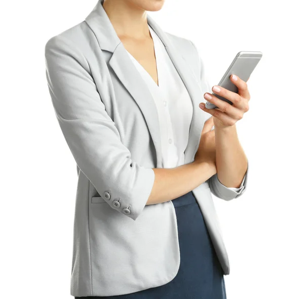 Geschäftsfrau Mit Telefon Isoliert Auf Weißem Hintergrund — Stockfoto