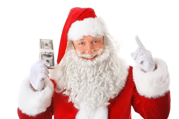 Santa Claus sosteniendo dinero sobre fondo blanco — Foto de Stock