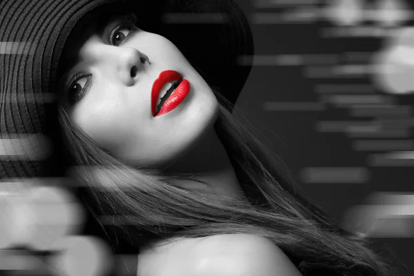 Zwart Wit Portret Van Model Van Mooie Jonge Vrouw Met — Stockfoto