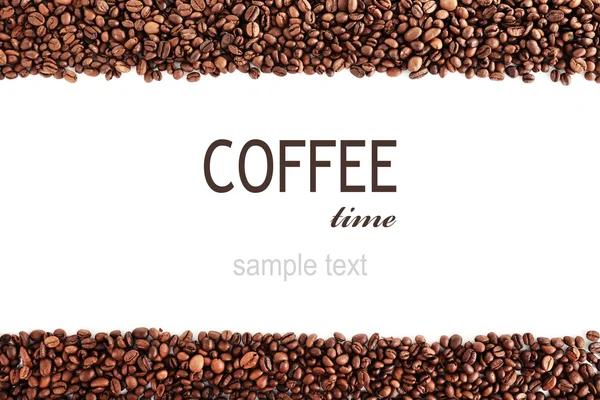 Roasted coffee beans with text COFFEE TIME on white background. Space for text. — Stock Photo, Image