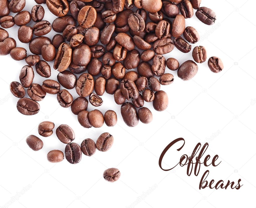 Roasted coffee beans on white background. Text COFFEE BEANS.