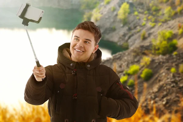 Young Man Taking Selfie Blurred Nature Background — Stock Photo, Image