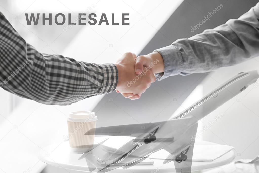 Logistics concept. Double exposure. Business people handshaking and plane on background