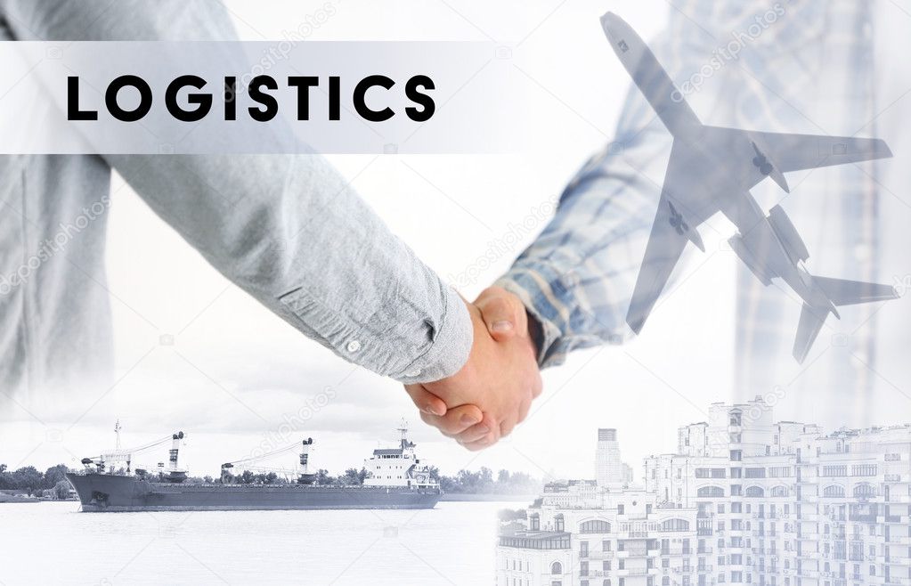 Logistics concept. Double exposure. Men shaking hands and plane with ship on background