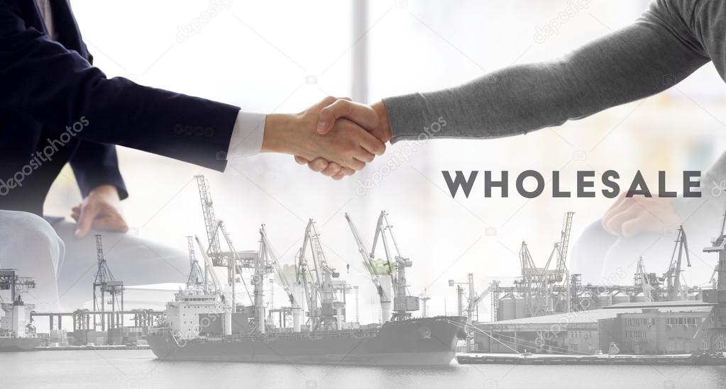 Logistics concept. Double exposure. Two men shaking hands and port in the sea