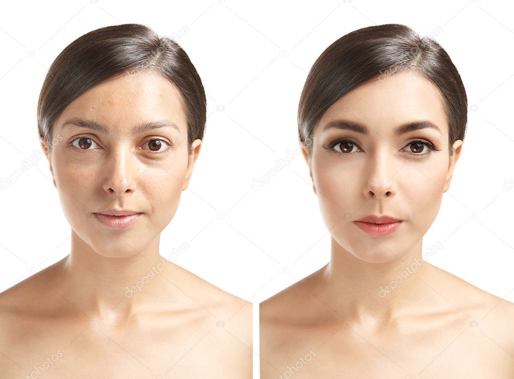 Portrait of young woman before and after makeup isolated on white background