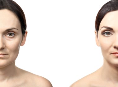 Önce ve sonra üzerine beyaz izole makyaj kadın portresi