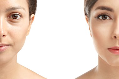 Önce ve sonra üzerine beyaz izole makyaj, genç kadın portresi