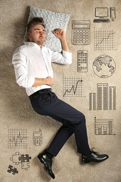 Fiatal Ember Alszik Párna Szőnyeg Üzleti Ikonok Textúrázott Háttérre — Stock Fotó