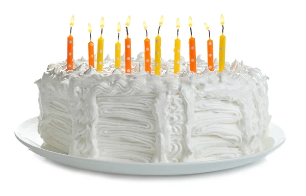 Födelsedagstårta med ljus, isolerad på vit — Stockfoto