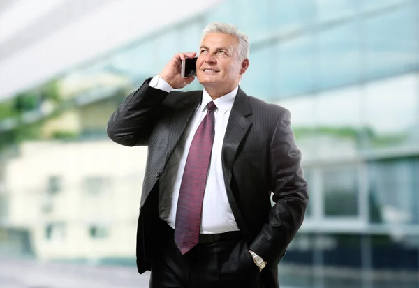 Empresario Hablando Por Teléfono Fondo Borroso Del Edificio Concepto Abogado —  Fotos de Stock