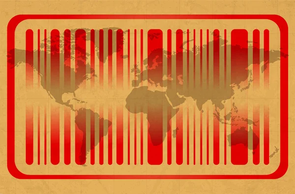 Red bar code and world map on color background. Global trade concept. — Stock Photo, Image