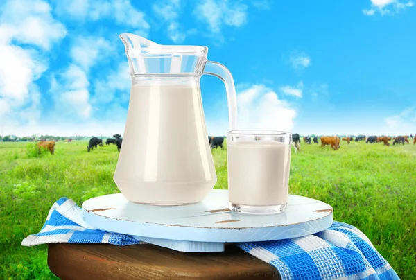 Стакан молока с салфеткой и коровами на лугу — стоковое фото