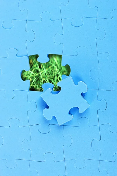 Quebra-cabeça azul com peça em falta sobre fundo de grama verde . — Fotografia de Stock