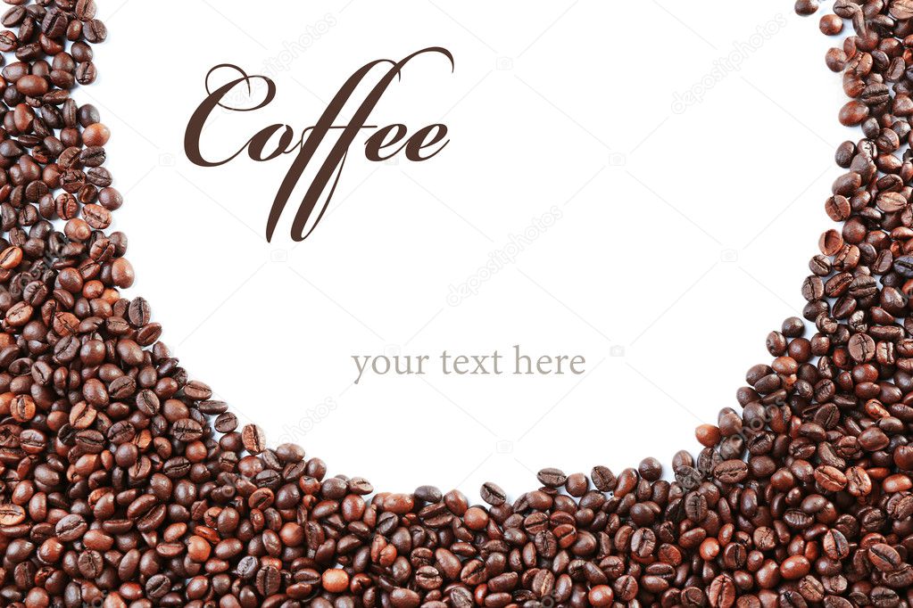Roasted coffee beans with word COFFEE on white background. Space for text.