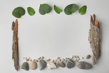 Çakıl taşları, yaprakları ve beyaz izole kabuk dikdörtgen çerçeve yapılmış