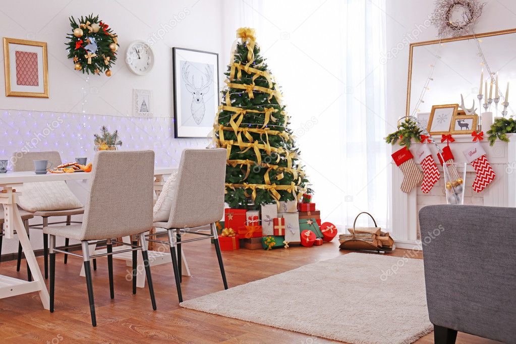 Interior of living room decorated for Christmas