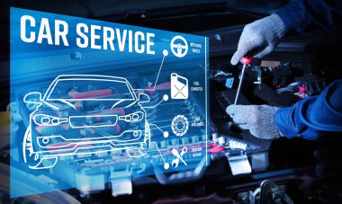 Modern araba motoru arka plan üzerinde tanılama programı arabirimi. Araba hizmet anlayışı.