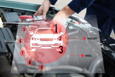Modern araba motoru arka plan üzerinde tanılama programı arabirimi. Araba hizmet anlayışı.