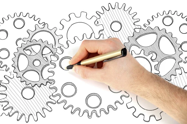 Mla hand drawing  part of mechanism on white background. Business strategy concept. — Stock Photo, Image