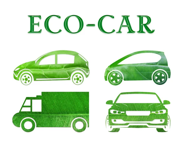 Diferentes silhuetas de transporte feitas de folha verde com palavra ECO-CAR sobre fundo branco. Conceito de conservação da natureza . — Fotografia de Stock