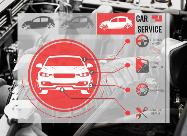 Interfaz del programa moderno del diagnóstico del coche en fondo del motor. Concepto de servicio de coche . — Foto de Stock