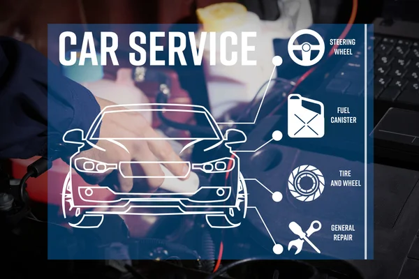 Interfaccia del programma diagnostico moderno dell'automobile sullo sfondo del motore. concetto di servizio auto . — Foto Stock