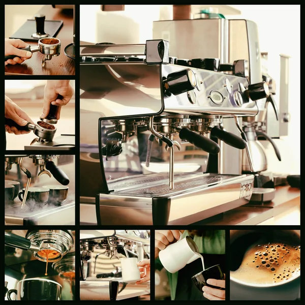 Collage of preparing coffee in cafe — ストック写真