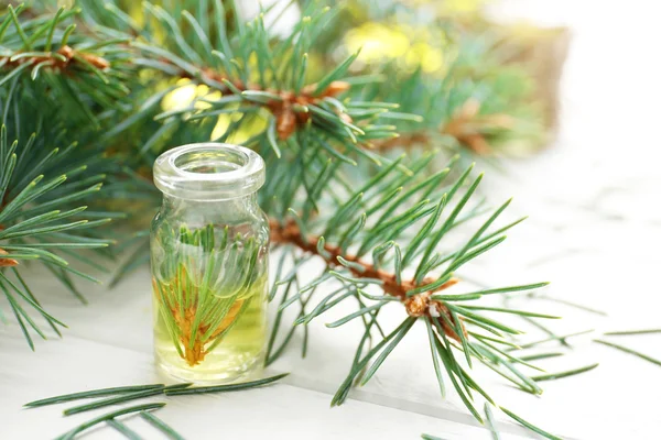 Bottle of coniferous essential oil and branches on wooden background, close up view — Stock Photo, Image