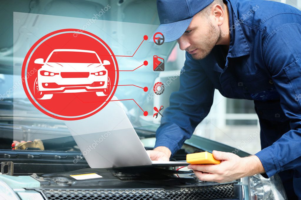 Man Using Laptop Car Interface Modern Car Diagnostic Program ⬇