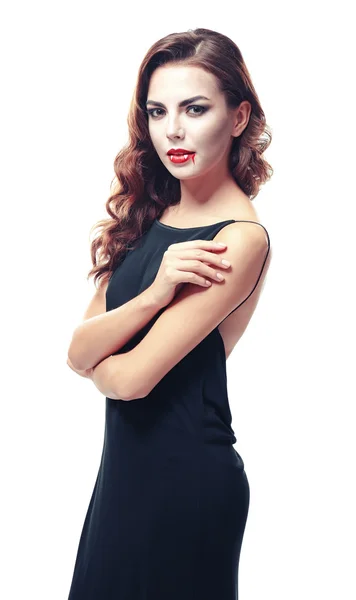 Hermosa joven vestida de vampiro para Halloween, aislada en blanco —  Fotos de Stock