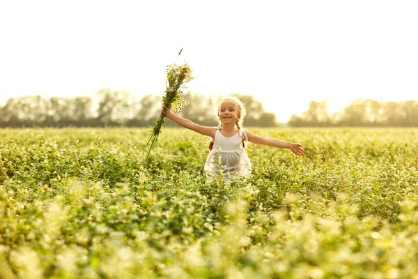 Glückliches Kleines Mädchen Mit Blumen Auf Dem Feld — Stockfoto