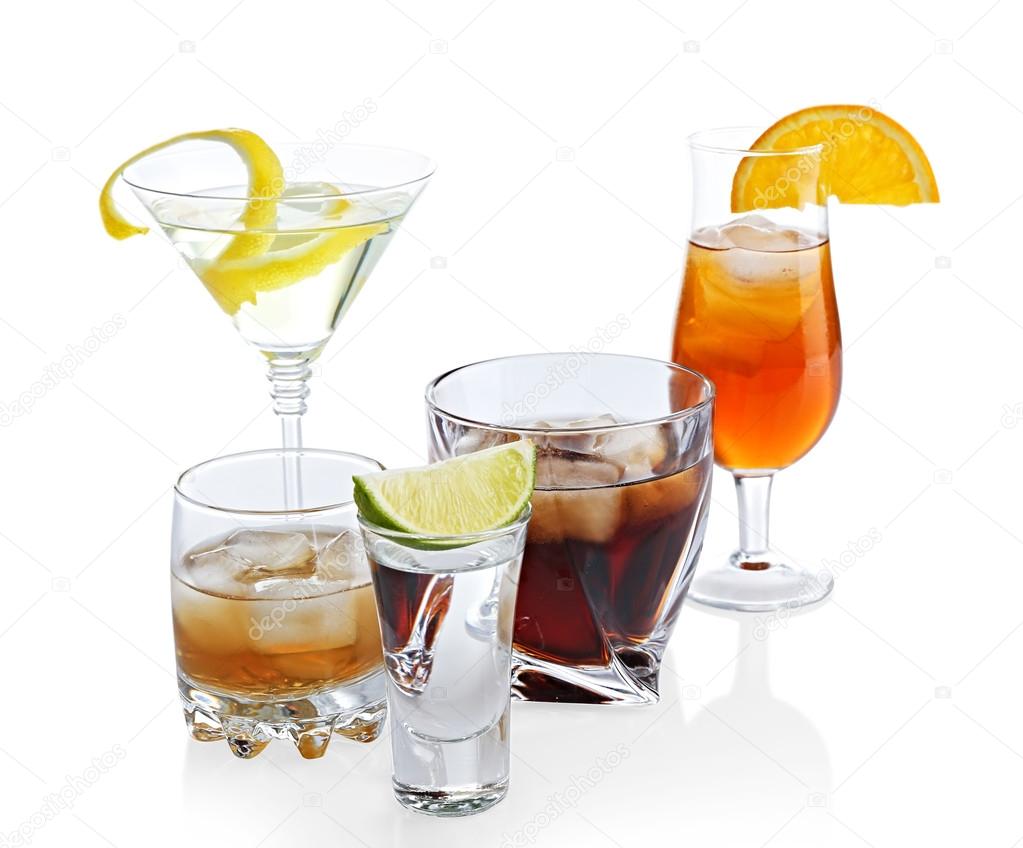 Different drinks on white background