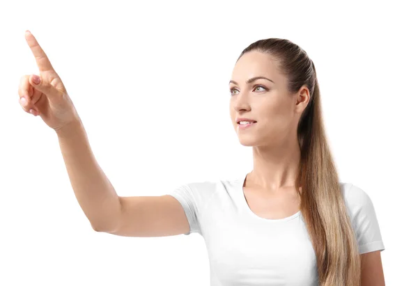 Beautiful Girl Pointing Finger Isolated White Background — Stock Photo, Image