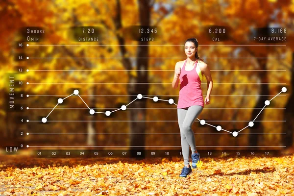 Young woman jogging at park with graphic of training results on background, Health care and sport concept