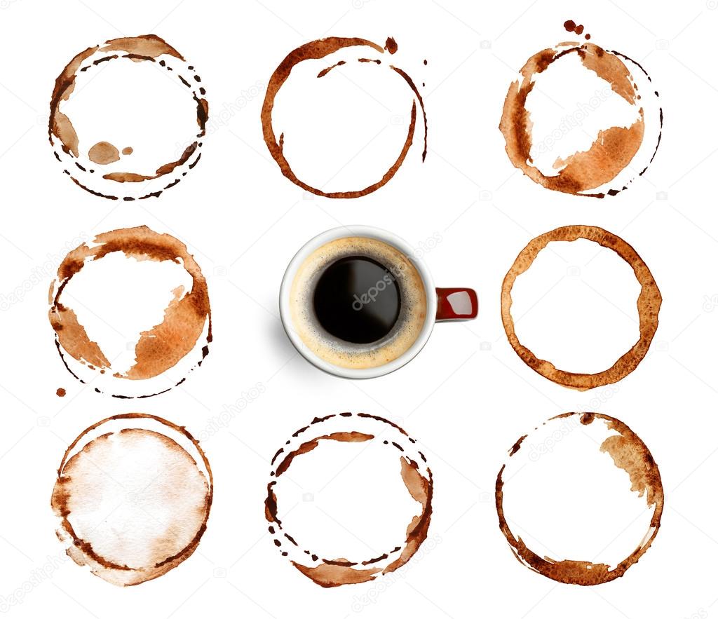 Cup of coffee and stains on white background