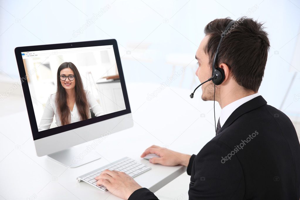 woman video conferencing with technical support operator, Helpdesk service concept