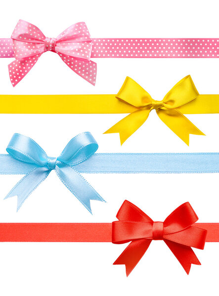 Set of colorful festive ribbons with bows on white background.