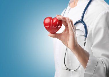 Cardiologist holding red heart with electrocardiogram. Cardiology concept. clipart