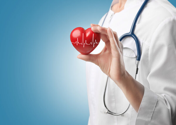 Cardiologist holding red heart with electrocardiogram. Cardiology concept.