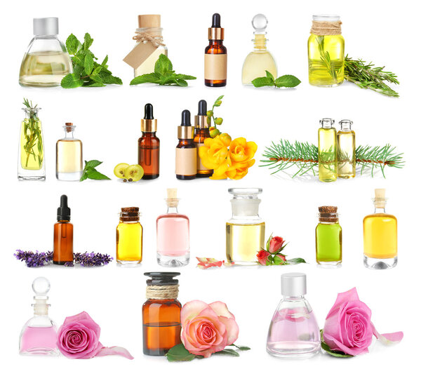 Collage of essential oils on white background