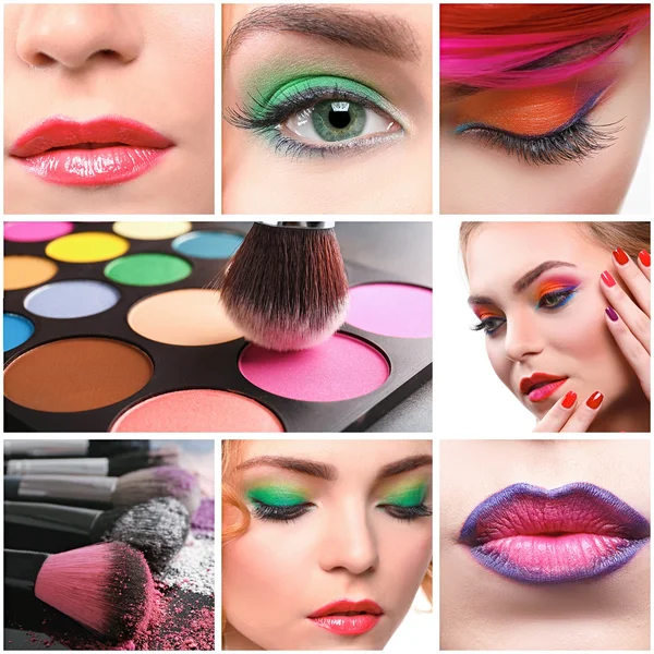 Collage Cosméticos Decorativos Mujeres Con Maquillaje Brillante Concepto Belleza Moda — Foto de Stock