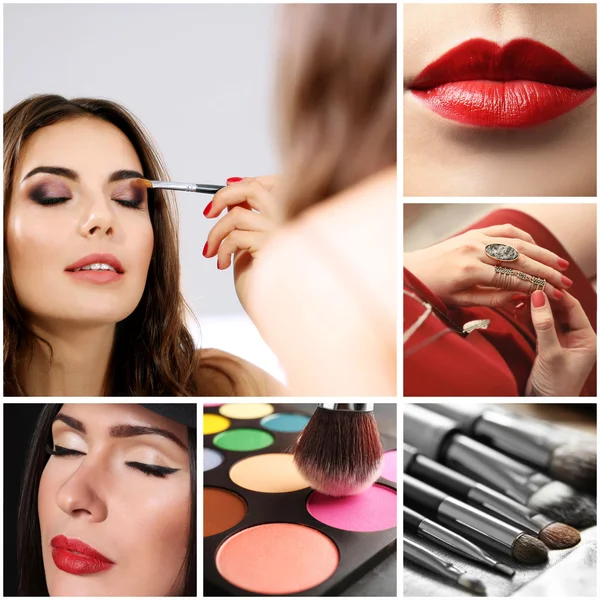 Collage Aus Dekorativer Kosmetik Und Frauen Mit Hellem Make Schönheits — Stockfoto