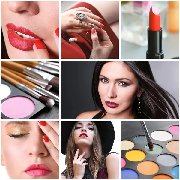 Collage Cosméticos Decorativos Mujeres Con Maquillaje Brillante Concepto Belleza Moda — Foto de Stock