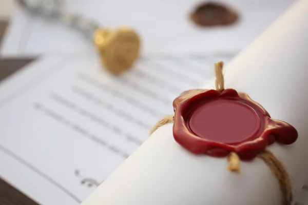 Old notarial wax seal on tied scroll, closeup — Stock Photo, Image