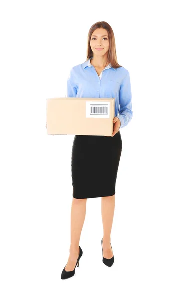 Businesswoman holding box on white background — Stock Photo, Image